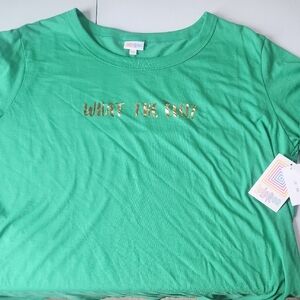 LuLaRoe Liv T Green Top with Colorful Logo Christmas Edition